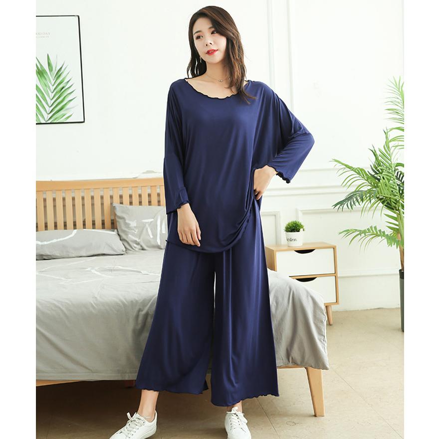 Large Size Home Suits Women Spring Autumn Loose Long-sleeved Pajamas Two-piece Set Nine-point Wide Leg Pants Pijama Sleepwear Femme