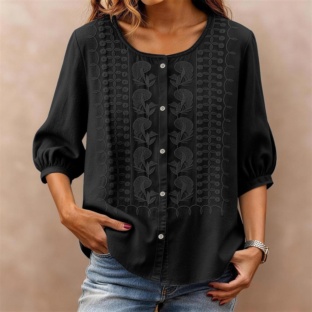 Womens 34 Sleeve Button Down Blouse with Embroidered Floral Pattern Loose Fit Casual Top for Everyday Wear