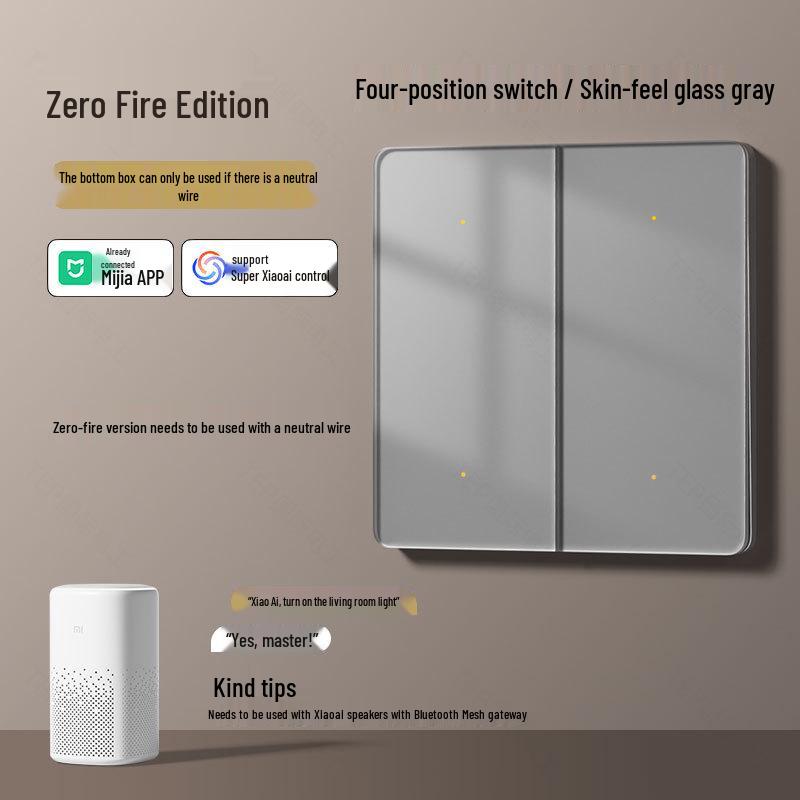 Gray Tempered Glass Smart Switch with Mijia APP Connectivity, Smart Speaker Voice Activation, Zero-Fire Support.