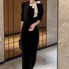 Coffee Break French Bow Celebrity Dress Women's Wear Autumn and Winter Hepburn Style Velvet Inside with Base Beautiful Long Skirt