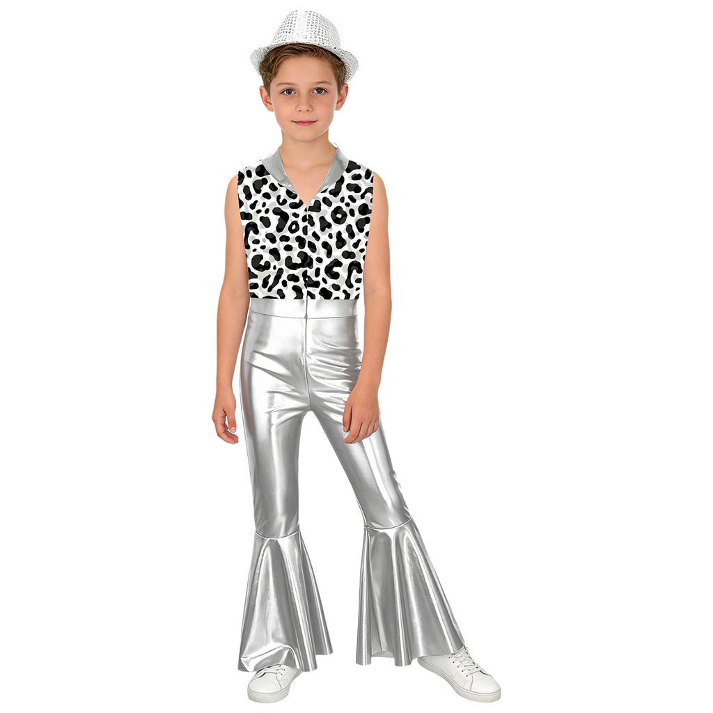 Boys Disco Metallic Glossy Sleeveless Print Patchwork Long Flare Pants Jumpsuit Sequins Fedora Hat