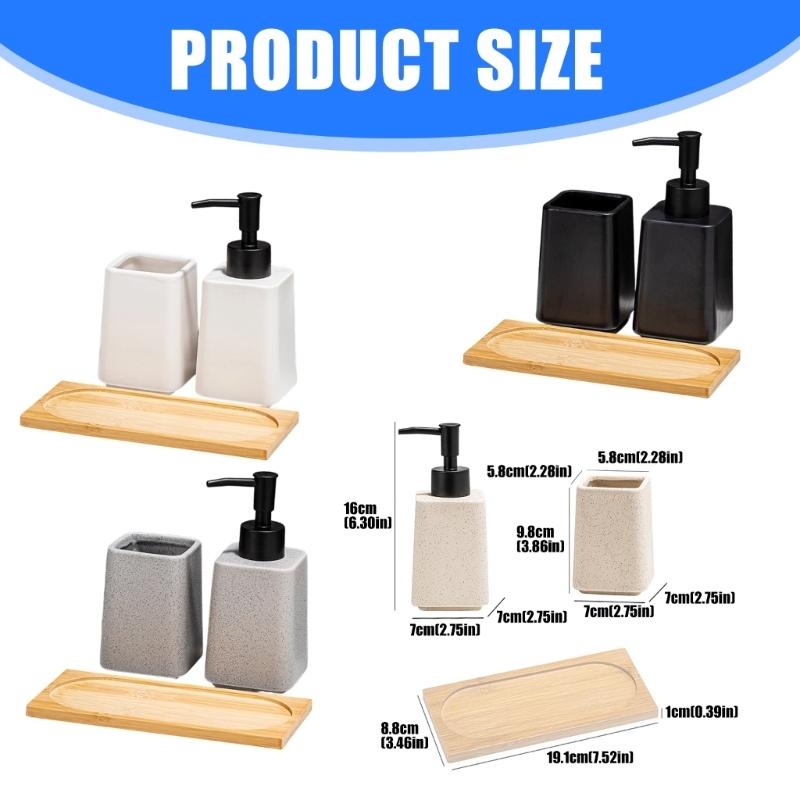 Set of 3 Ceramic Soap Dispenser Set Including Storage Tray and Toothbrush Cup for Bathroom Countertop Decoration