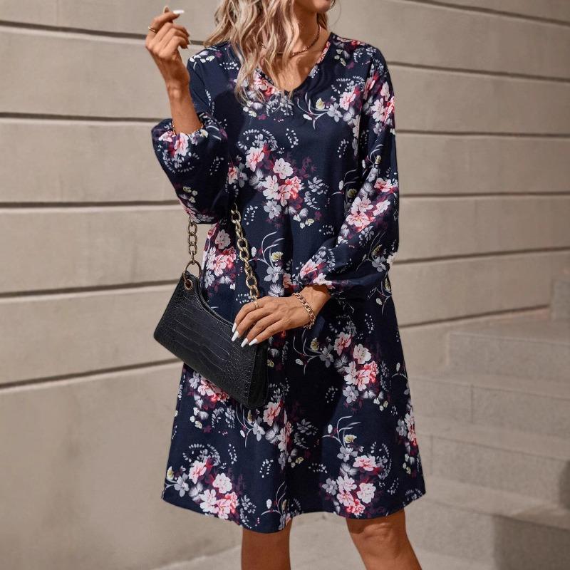 Women's Vintage Print Fashion Temperament Elegant Floral Print Lantern Sleeve Dress