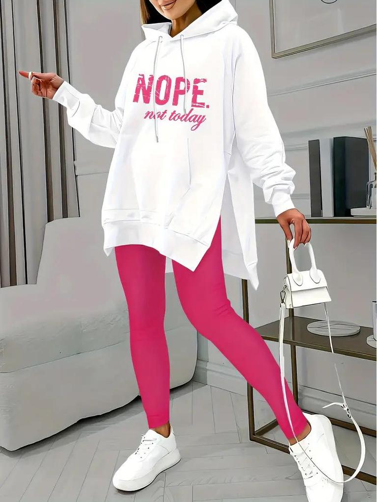 2024 Women's Casual Hooded Print Sweatshirt & Slit Pocket Pants Set - European/American Style