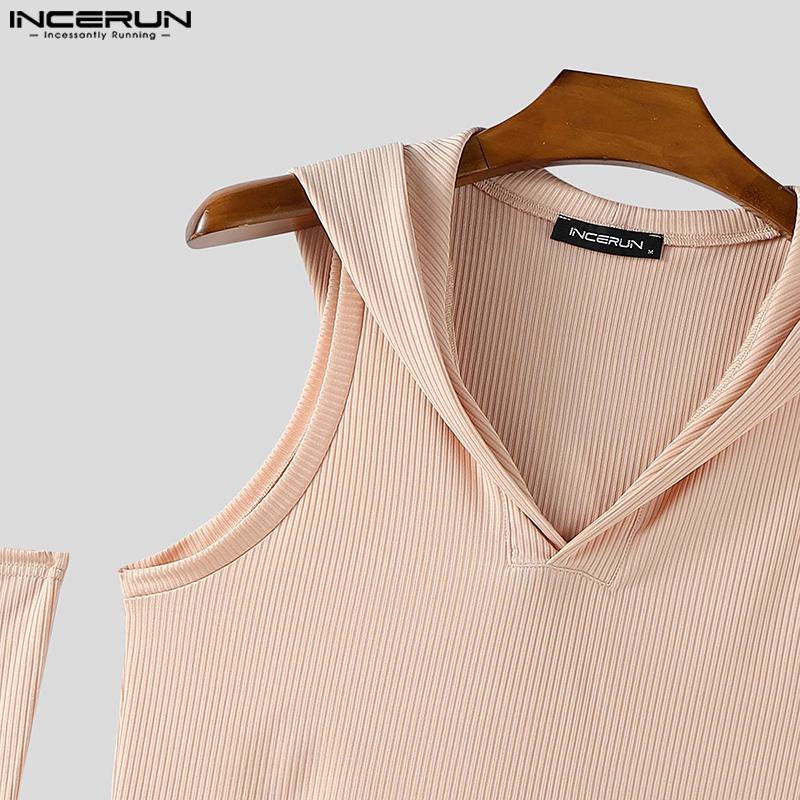 INCERUN Men Sleeveless Rib Casual Fitted Hooded Tank Tops with Oversleeve
