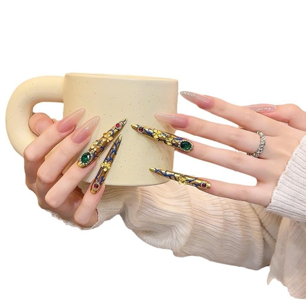 100% HANDMADE  Long Almond Shape GPalace Style Luxury High-End Fake Nail Set With Glue & Box Ruby And Emerald Gold Press On Nails