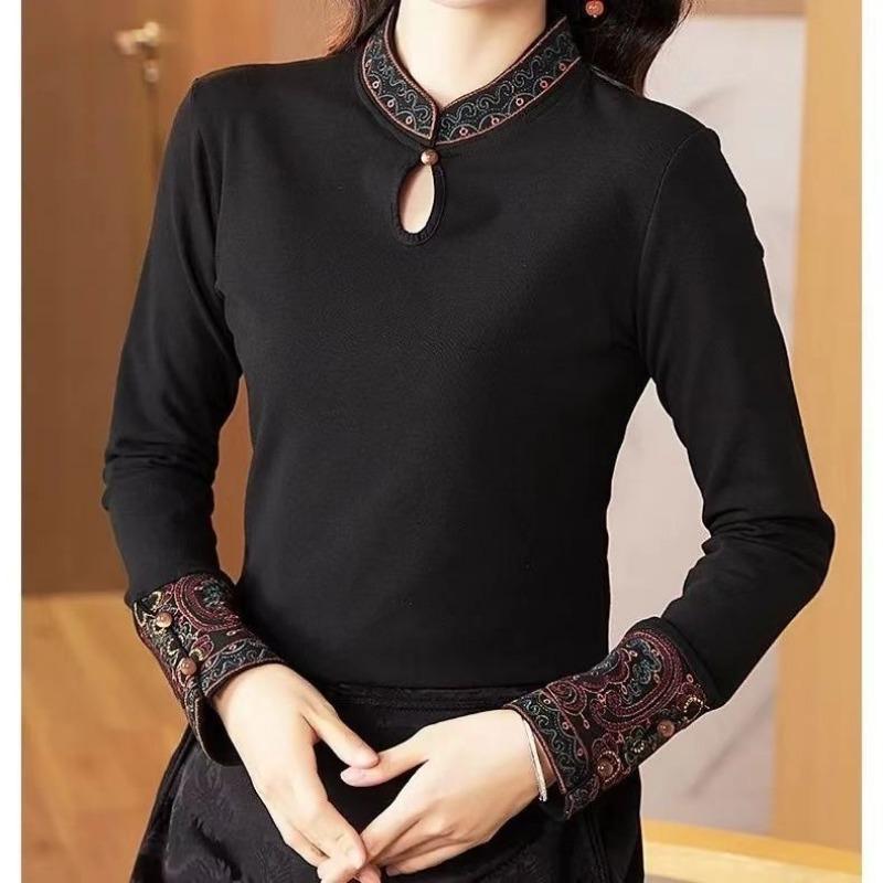 

Элегантный вышитый воротник-стойка в китайском стиле, женская китайская ретро-литературная одежда, с длинным рукавом, осенняя и зимняя нижняя одежда M чёрный