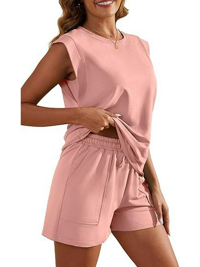 Women's 2026 Summer Solid Color Two-Piece Set: Round Neck Top & Pocket Shorts