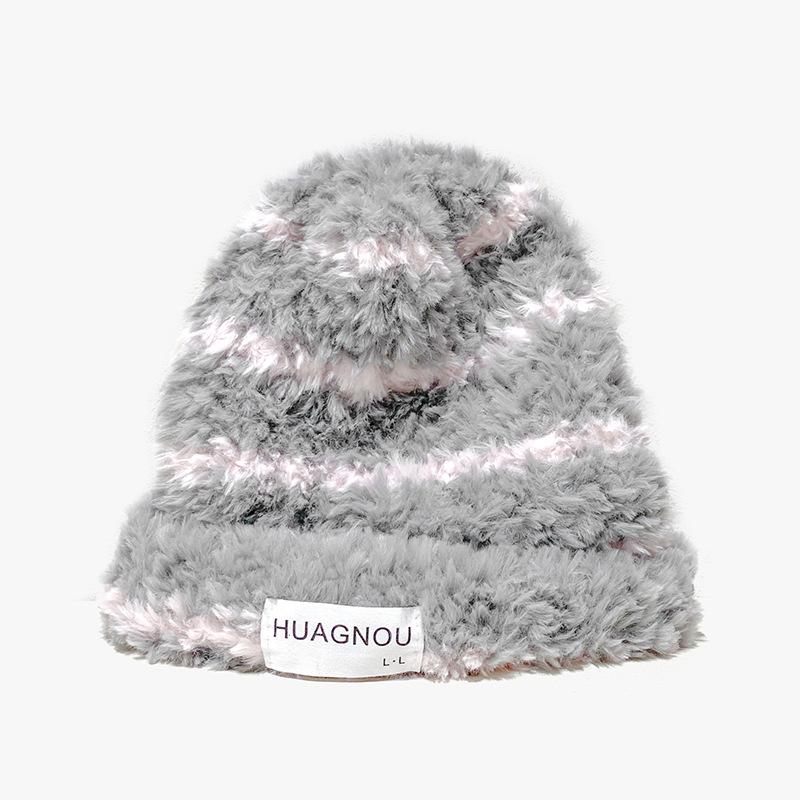 New Hat for Women Korean Style Stripes Showing Face Small Fluffy Warm Wool Hat Big Head Around Ear Protection Pile Hat Men's Trendy
