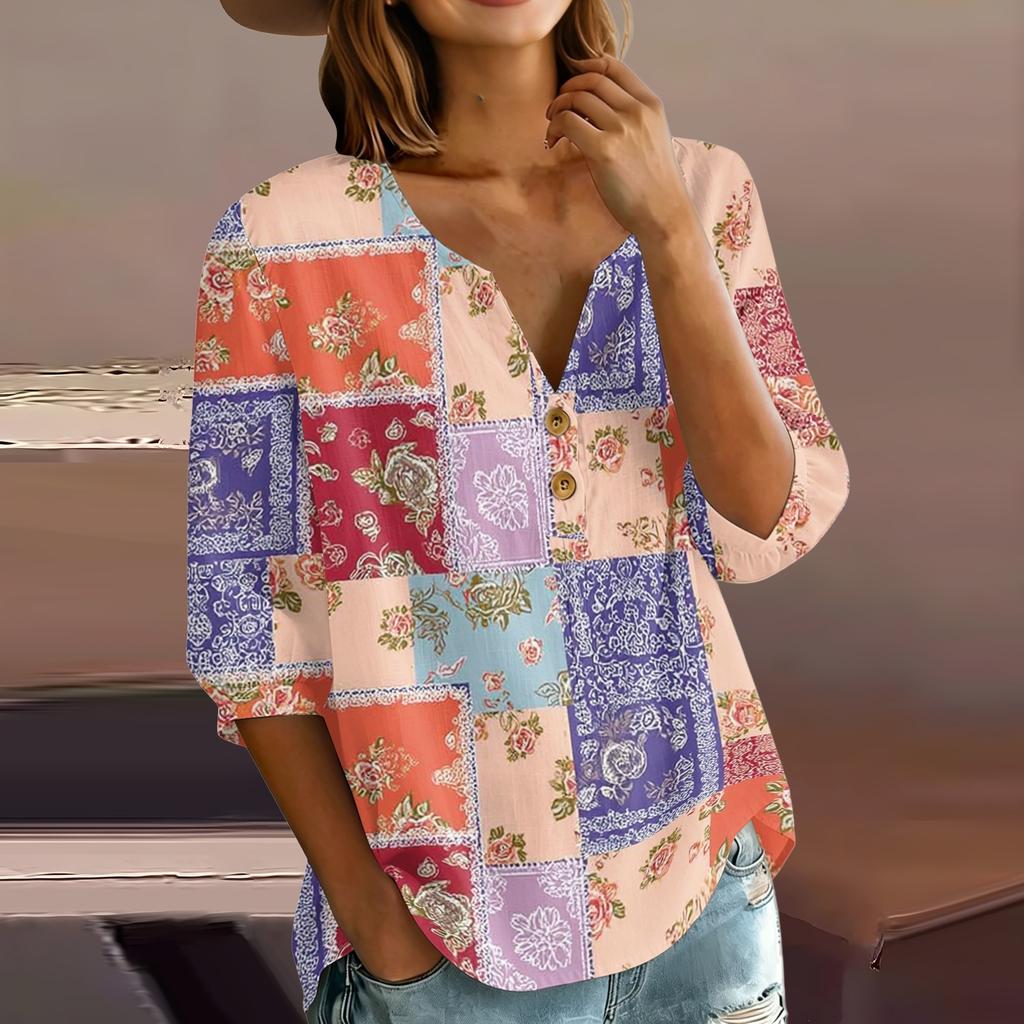Women’s Casual Floral Print Henley Neck Button Down Cotton Linen Shirt with Three Quarter Sleeves Relaxed Fit Blouse Top