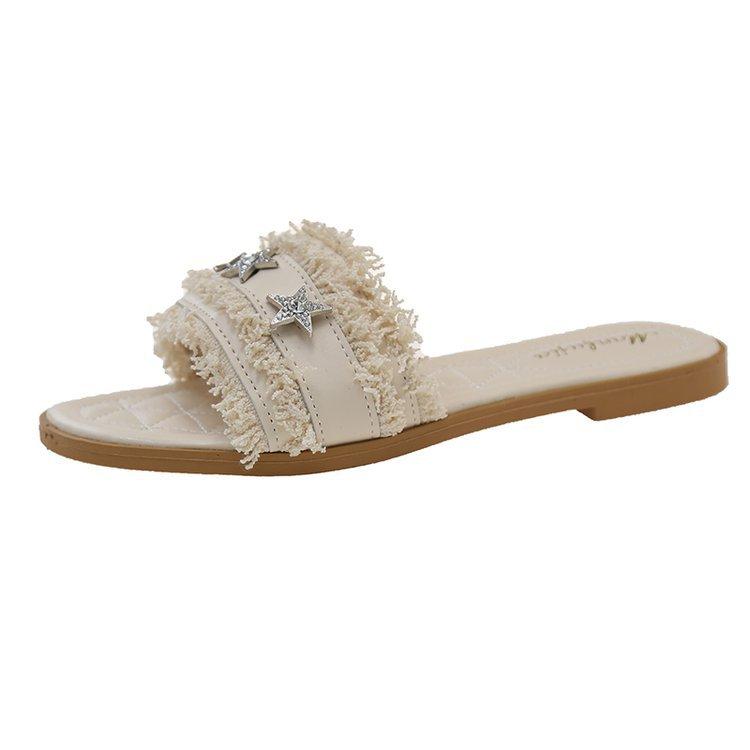 

[Youshilai] 2025 new fashion rhinestone flat bottom one-word drag casual lazy beach cool slippers women 40