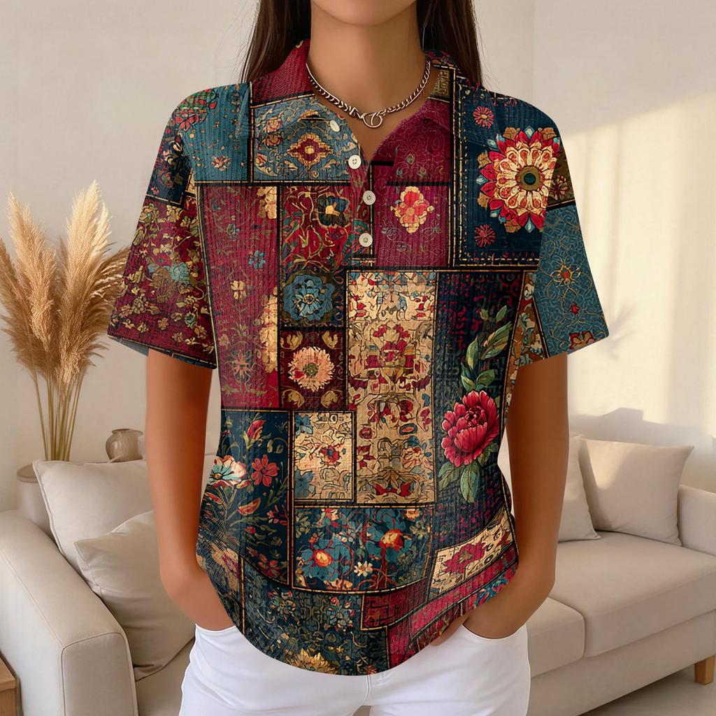 Women's Casual Short Sleeve Waffle Knit Polo Shirt Retro Floral Print Button Down Top Lightweight Breathable Summer Blouse