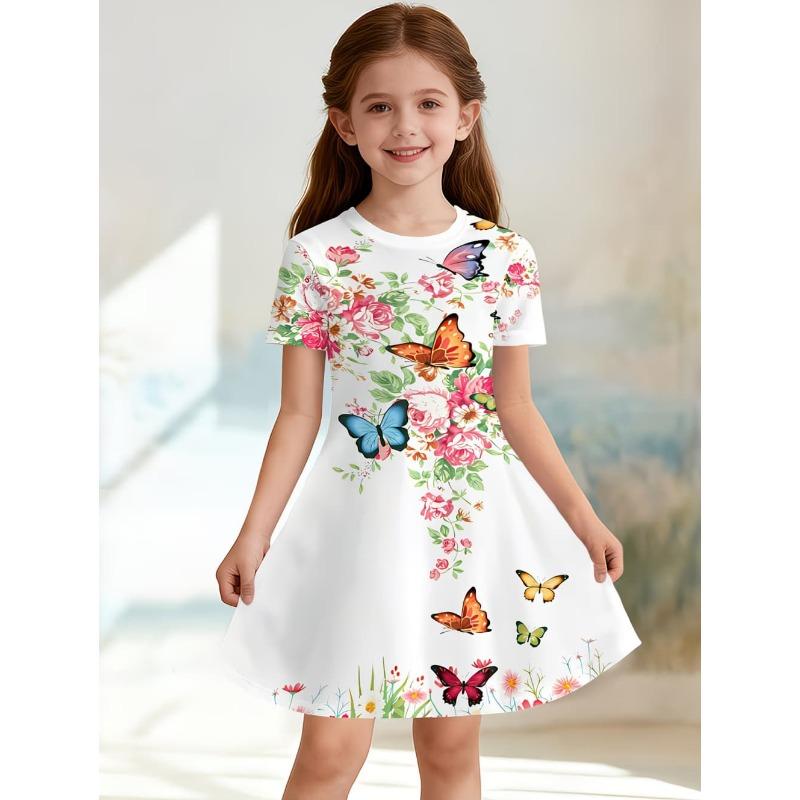 Girls' Summer Fashion Short-Sleeve Dress, 3D Cute Capybara Animal Print Casual Dress, Gift for Children,