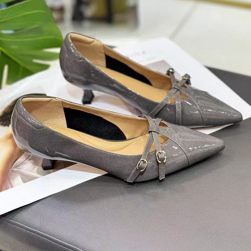 Fashion French Mary Jane Pointed Toe Soft Leather Stiletto Heel Soft Sole Cat Heel Women's All-match Single Shoes