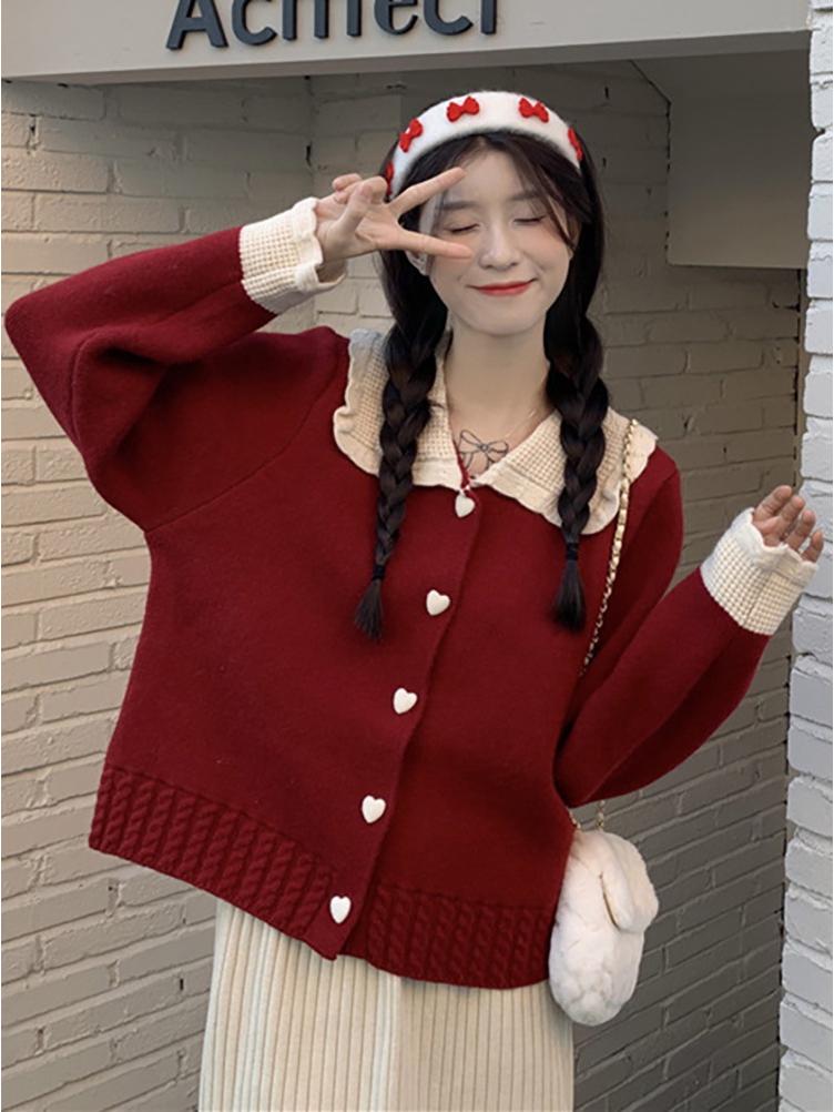 2025 Color Block Red Peter Pan Collar Knit Cardigan for Women