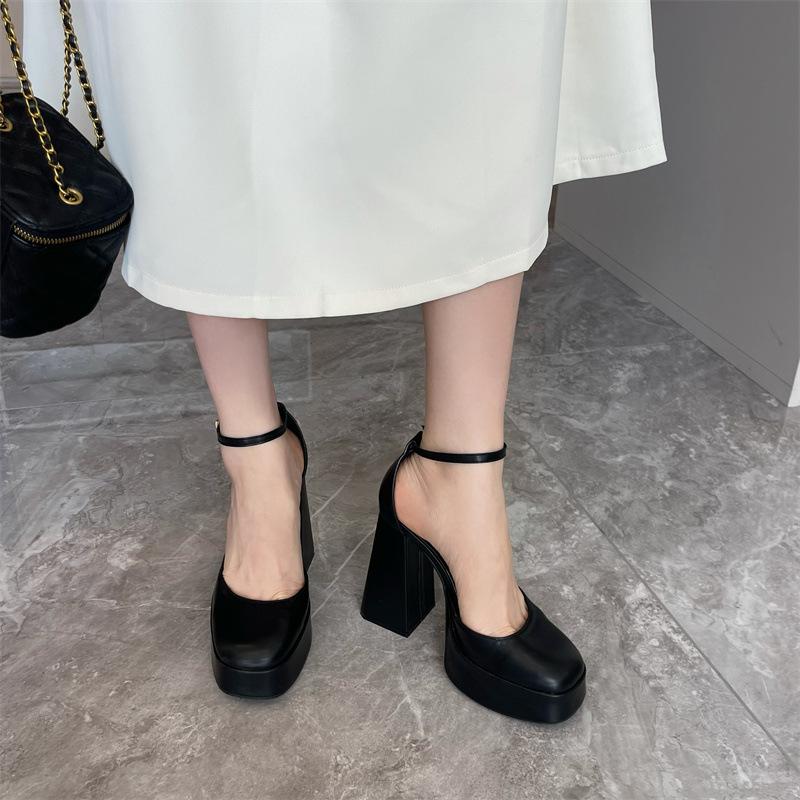 Summer New Sandals for Women with A Buckle and Thick Heel 13CM Square Toe Hollow High Heels for Women Sandalias