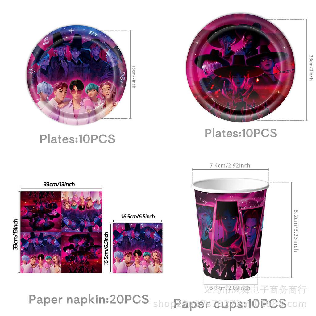 Popular Demon Hunters Themed Birthday Party Supplies Disposable Tablecloths Party Paper Plates Paper Cups Balloons