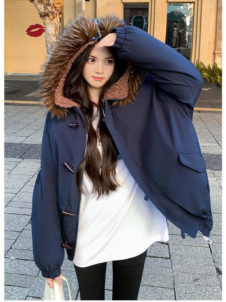 Horns Buckle Big Fur Collar Hooded Cotton-padded Jacket Women's Short Workwear Parkas