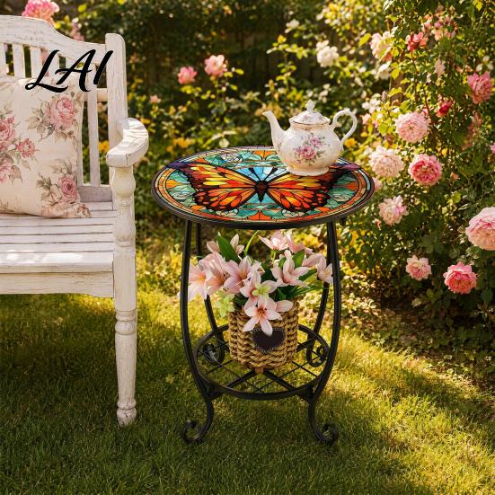 Butterfly Pattern Table Outdoor Side Table Round Small Mosaic Bird Patio Accent Indoor End Plant Coffee Tea for Yard Porch Garden Living Room,
