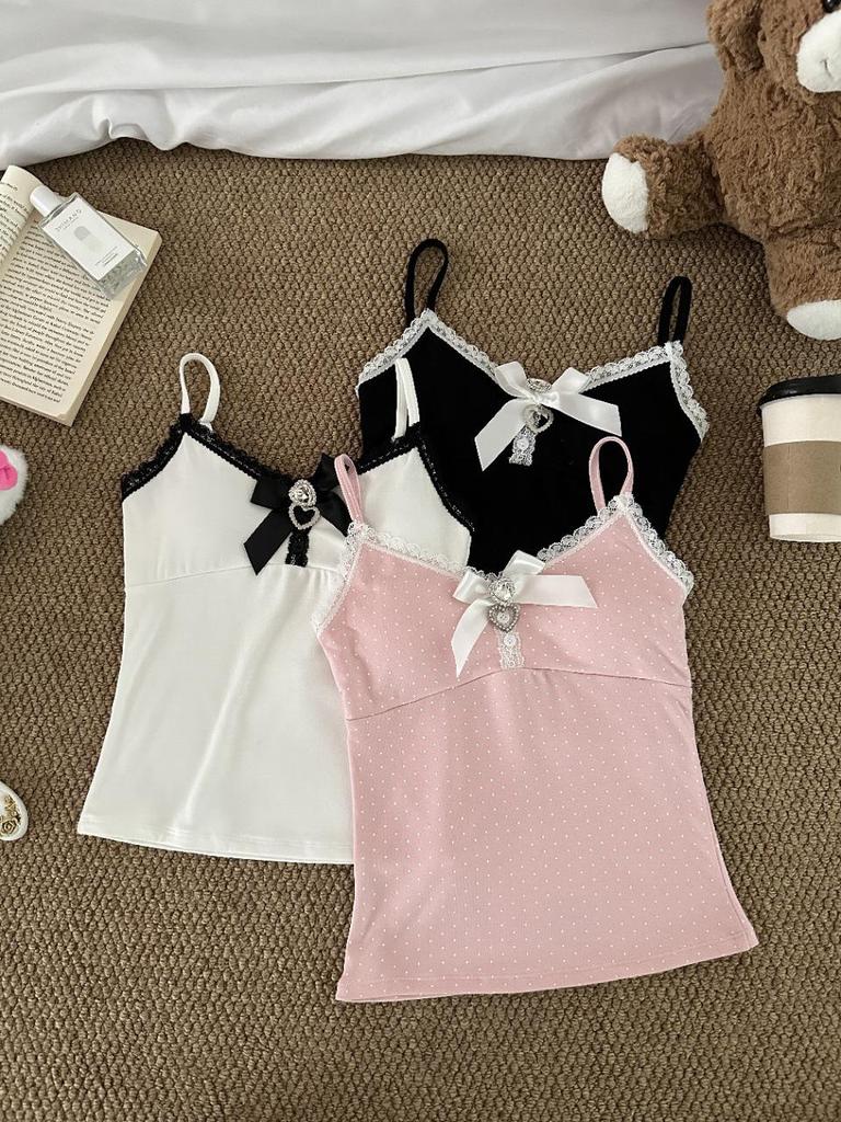Women's Polka Dot Camisole Top with Fixed Straps, Chest Pads, Bow Knot & Lace Trim