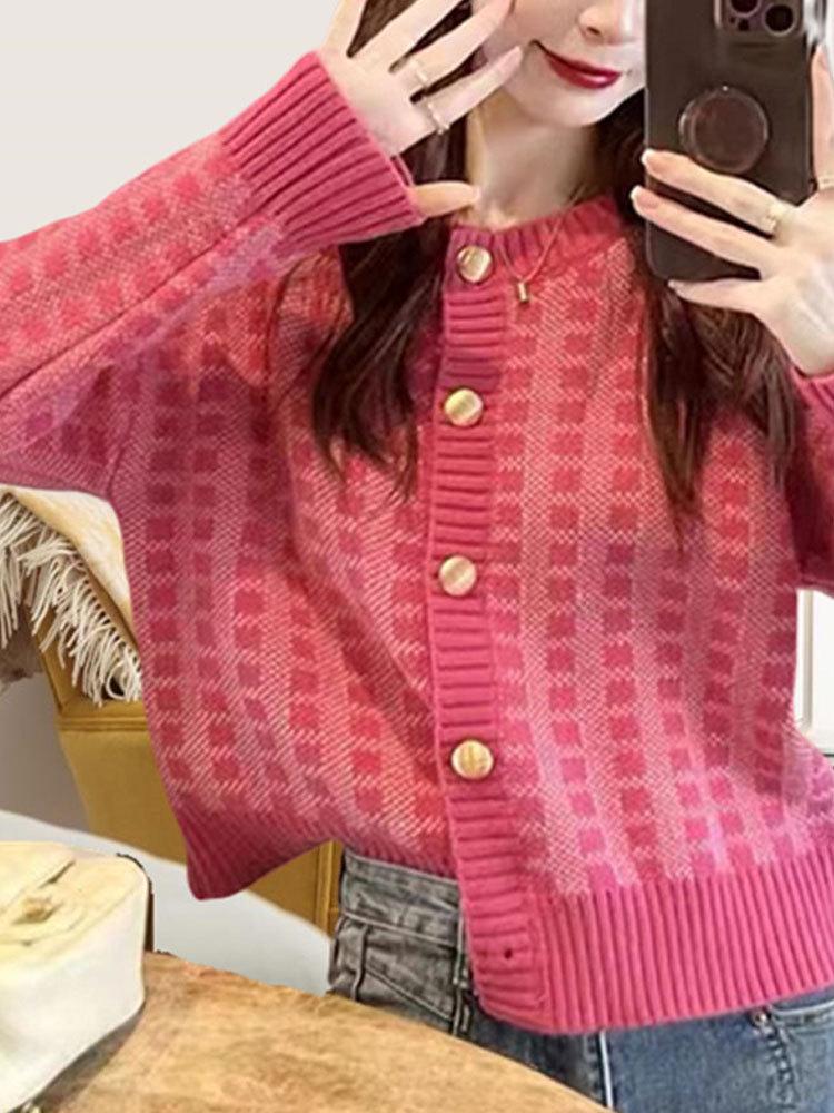 2024 Pink Plaid Knit Cardigan: Cute, Slimming, and Fashionable Spring/Autumn Sweater for Women