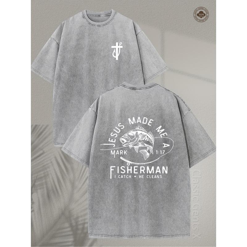 European Size SM Heavy  Double-Sided Fishing Design with an Inspirational Bible Verse, Retro Street Style, Suitable for Outdoor Casual Wear