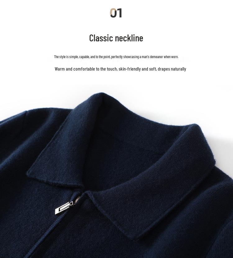 Men's 100% Pure Wool Knit Polo Collar Cardigan – Thickened, Fashionable, Zipper-Front Sweater for Business & Casual Wear.