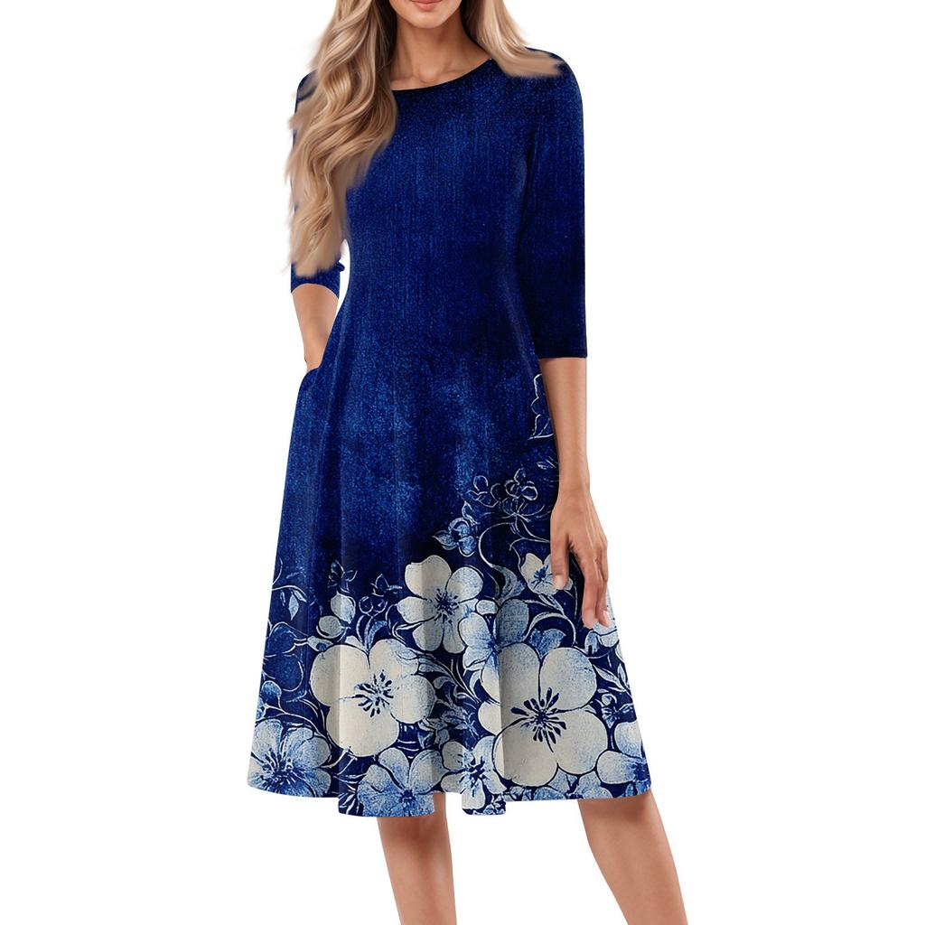 Women's Casual Fashion Round Neck Three-quarter Sleeve Floral Print Midi Dress