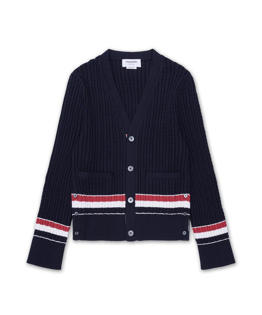 Thom Browne Rwb Striped Cotton Baby Cable V-Neck Cricket Cardigan - Navy / Mkc640Ay3014415
