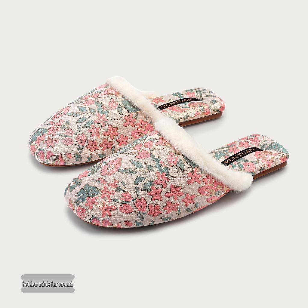 Damen Fleecegefütterte Florale Jacquard Chinesischer Stil Rutschfeste Warme Baumwollpantoffeln für Herbst und Winter