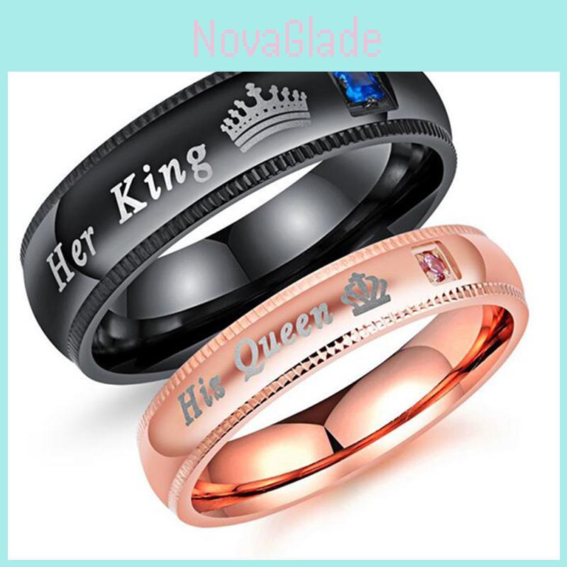 Queen His Her King Rhinestones Studded Crown Stainless Steel Ring Lovers For