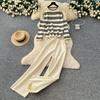Autumn Winter Women Casual Striped Knitted Sweater Trouser Two Piece Set Full Sleeve Pullover Tops and Wide Leg Pant Tracksuit