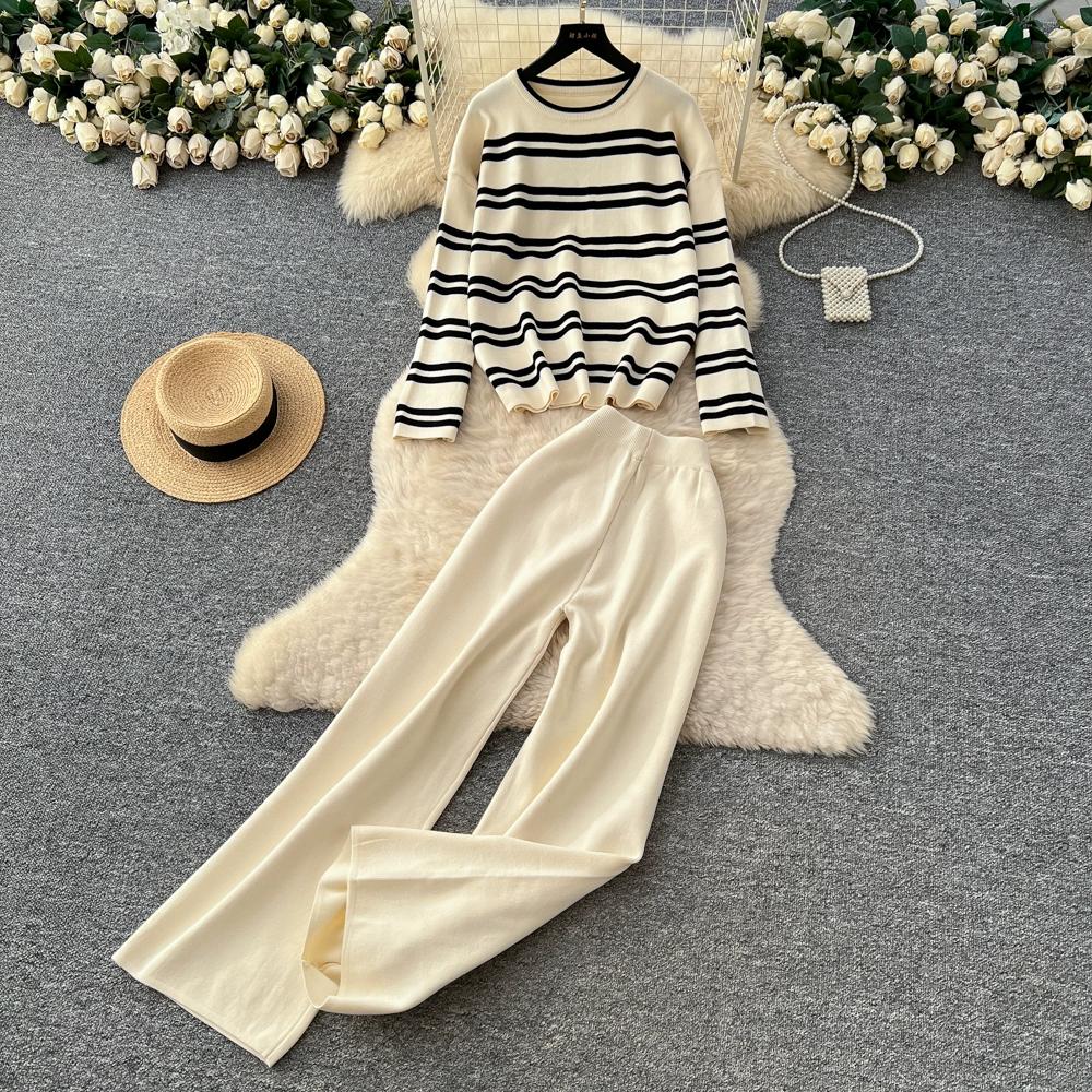 Autumn Winter Women Casual Striped Knitted Sweater Trouser Two Piece Set Full Sleeve Pullover Tops and Wide Leg Pant Tracksuit