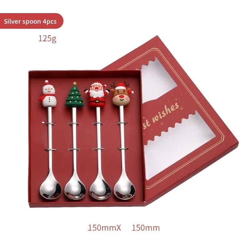4/6 Stück Weihnachtslöffel-Gabel-Set Weihnachtsmann Weihnachtsbaum Dekoration Edelstahl Dessertlöffel Obstgabel Weihnachtsgeschenk