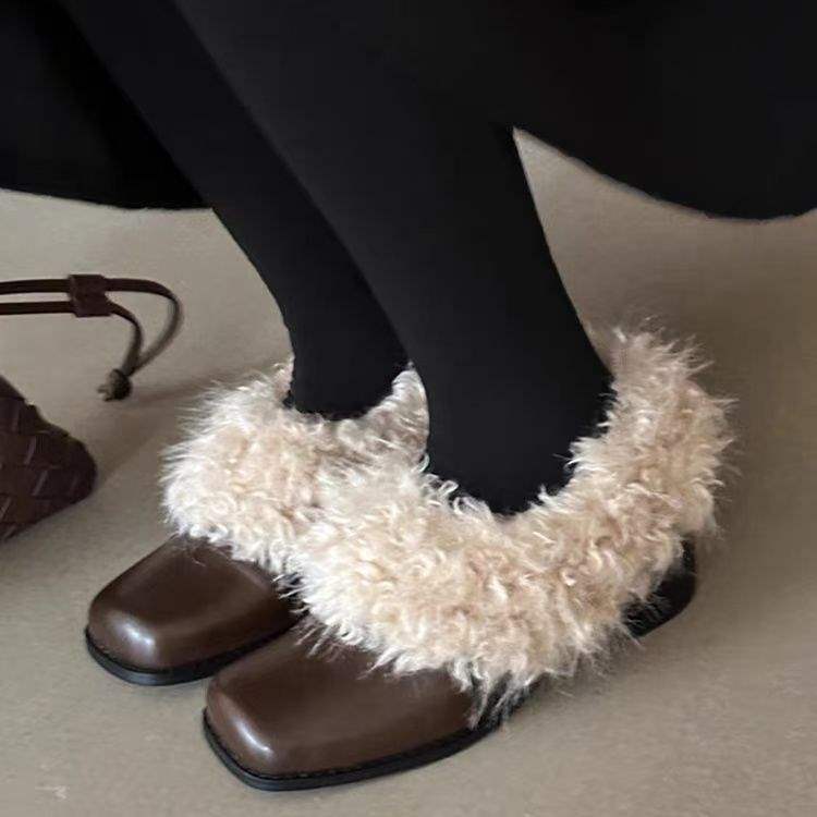 Cowhide version~ Square head fluffy shoes with fleece to keep warm retro Mary Jane small leather shoes thick heel single shoes temperament high heels