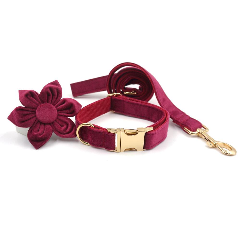 Velvet Flower Dog Collar & Leash Set with Engraving and Bow Tie