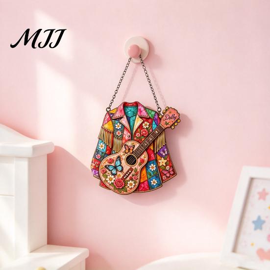 Artistic Window Hanging Western Country Art Suncatcher, Jacket & Guitar Stained Glass Style Sun Catcher, Home Accessories 2D Acrylic Ornament for Wall