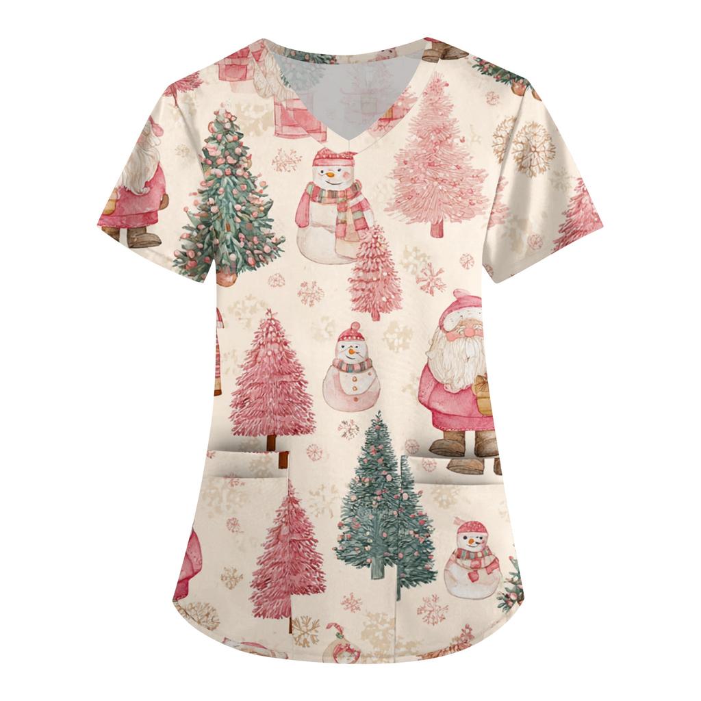 Women's Printing Uniform Work Uniform V-neck Pockets Basic Short Sleeve Pullover Top