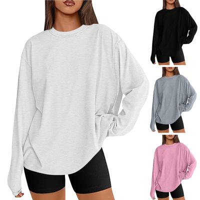 Women Tops Round Neck Long Sleeve Solid Color Loose Fit Pullover Tops Soft Stretchy