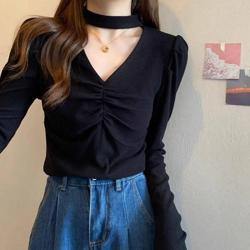 

Spring New Korean Style Pure and Sweet Temperament Versatile V-Neck Top Slim Fit Ruched Slimming Long-Sleeve Sweet and Spicy T-Shirt Black XL [Excellent Quality]
