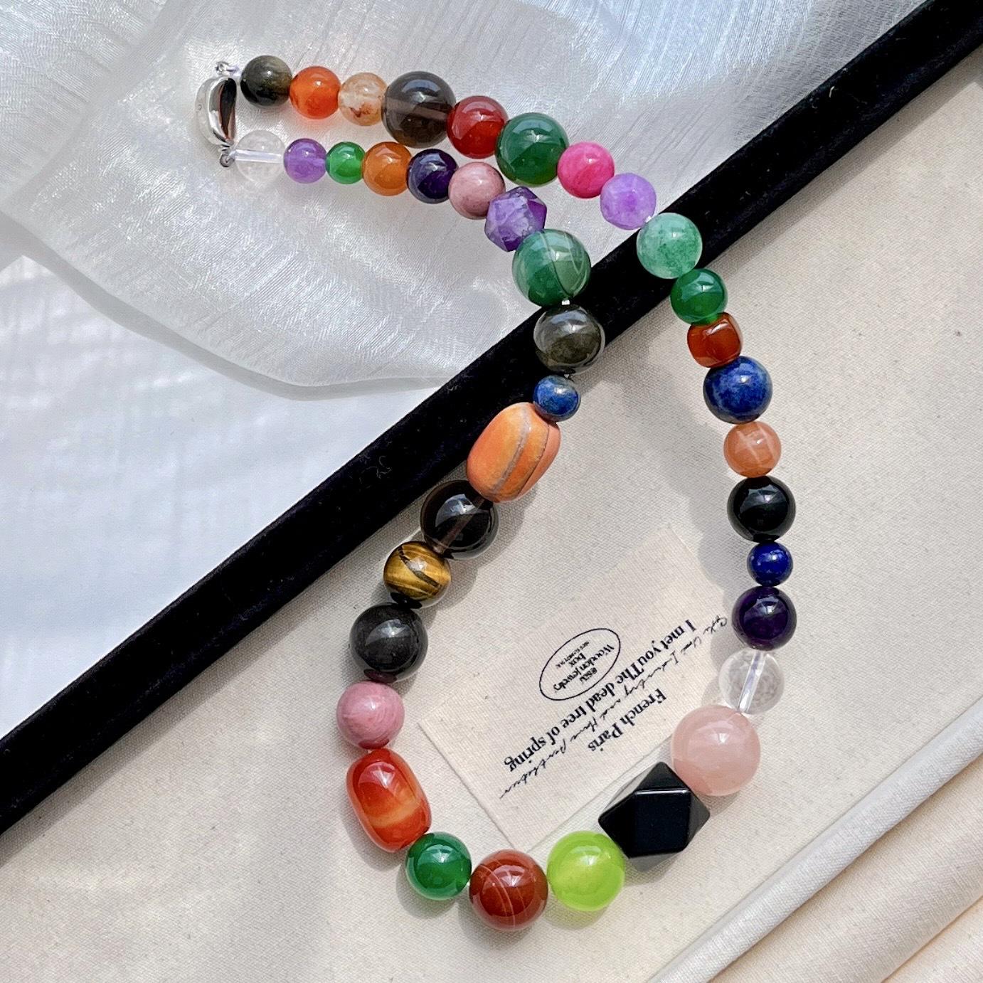 

8-20 мм Натуральный Махагоновый Зернистый Ледяной Обсидиан Тигровый Глаз Лазурит Аметист Розовый Кварц Многокаменный Кулон Ожерелье Цепочка для Ключицы