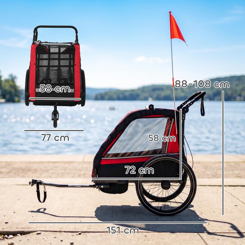 Child Bike Trailer, 2-in-1, 2-Seater Stroller, Adjustable Handlebars, Handbrake, Safety Belt, Red