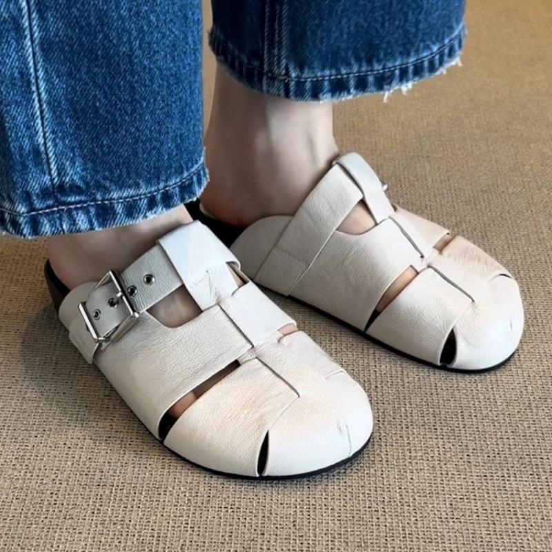 2025 new summer retro hollow woven bag head half slippers fashionable versatile not tired feet thick-soled Roman sandals