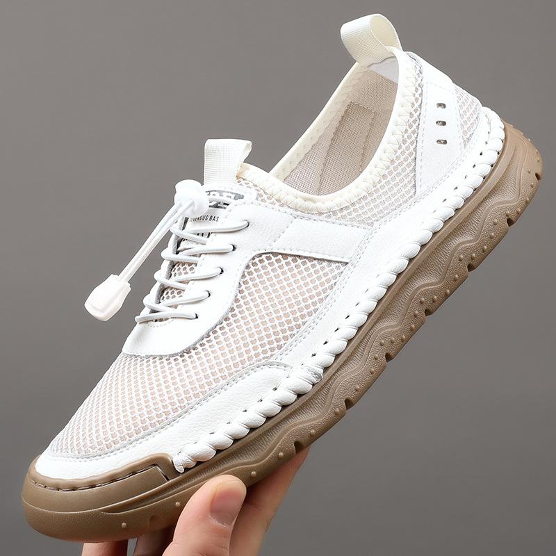 2025 summer breathable casual shoes men's mesh leather hollow hole shoes daily versatile hand-sewn sandals