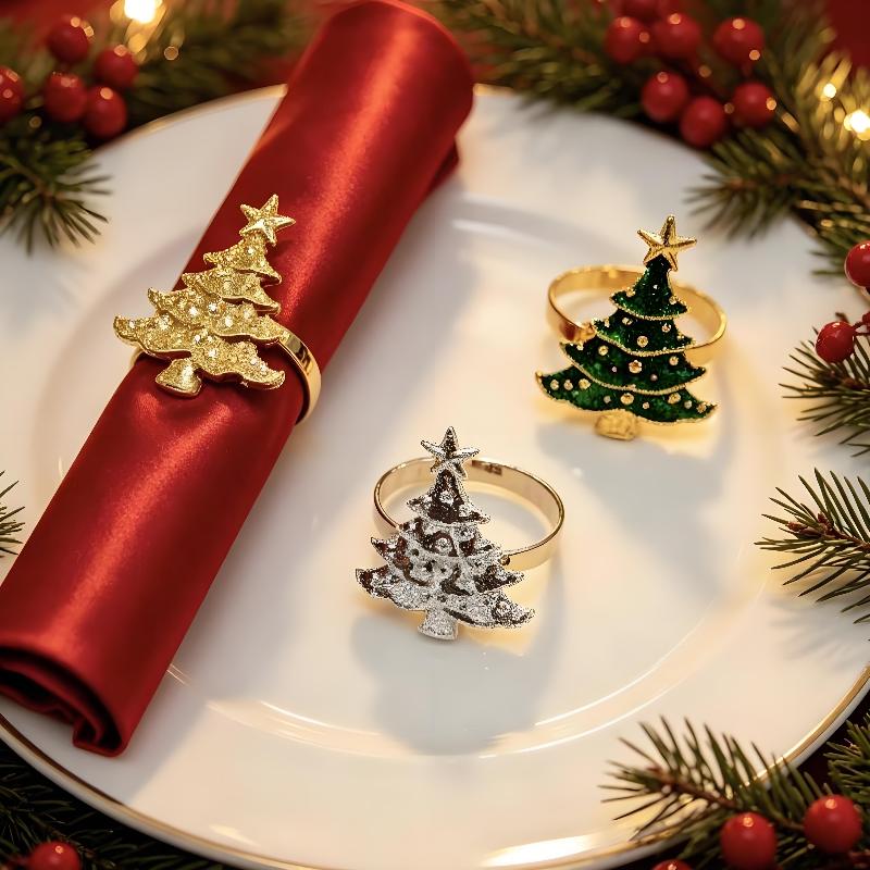 Christmas Napkin Rings 4Pcs Creative Xmas Tree Shape Dining Table Decor for Home Kitchen New Year Holiday Gathering