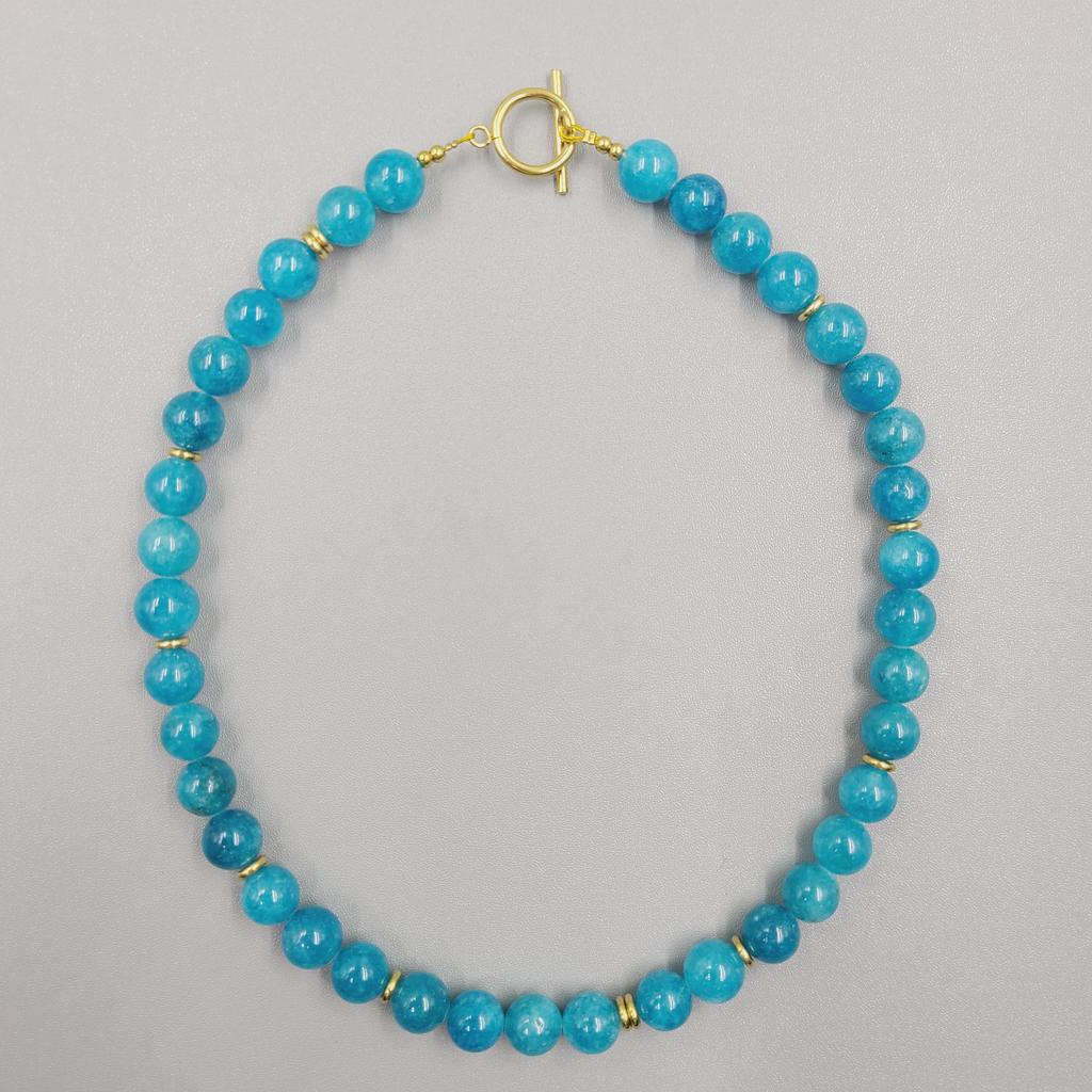 Summer Beach Jewelry Dainty Layering Choker Chunky Gemstone Genuine Aquamarine Beaded Necklace with Gold Toggle Clasp
