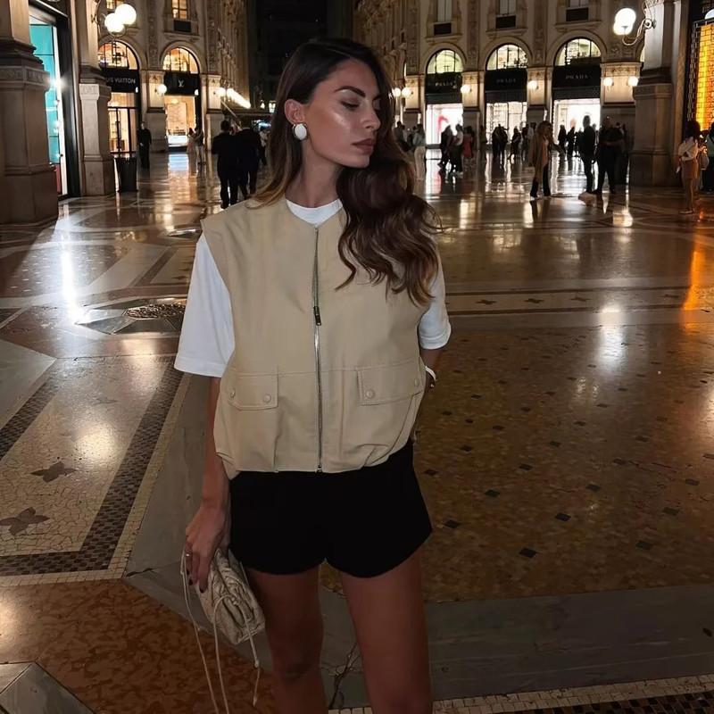Y2K Summer Loose Casual Cardigan Women's Vest Fashion Lunch Break Solid Colour Zip Vest