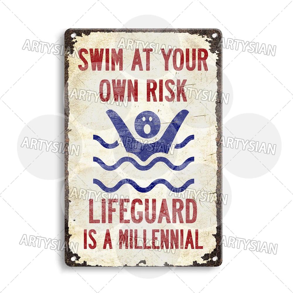

Pool Beach Lake Warning Metal Sign Shark Caution Plaque Swimming Safety Sign Shark Joke Humor Funny Lifeguard Swim at Own Risk 20x30cm（7.8x11.8inch）