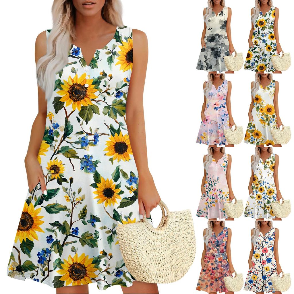 Damen Lässig Vintage Blumenmuster V-Ausschnitt Knopf Seitentasche Westenkleid