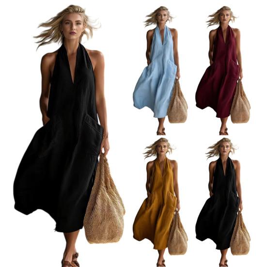 Summer Dress for Women Casual Deep V Neck Halter Sleeveless Long Dress Beach Vacation Flowy A-line Dress with Pockets
